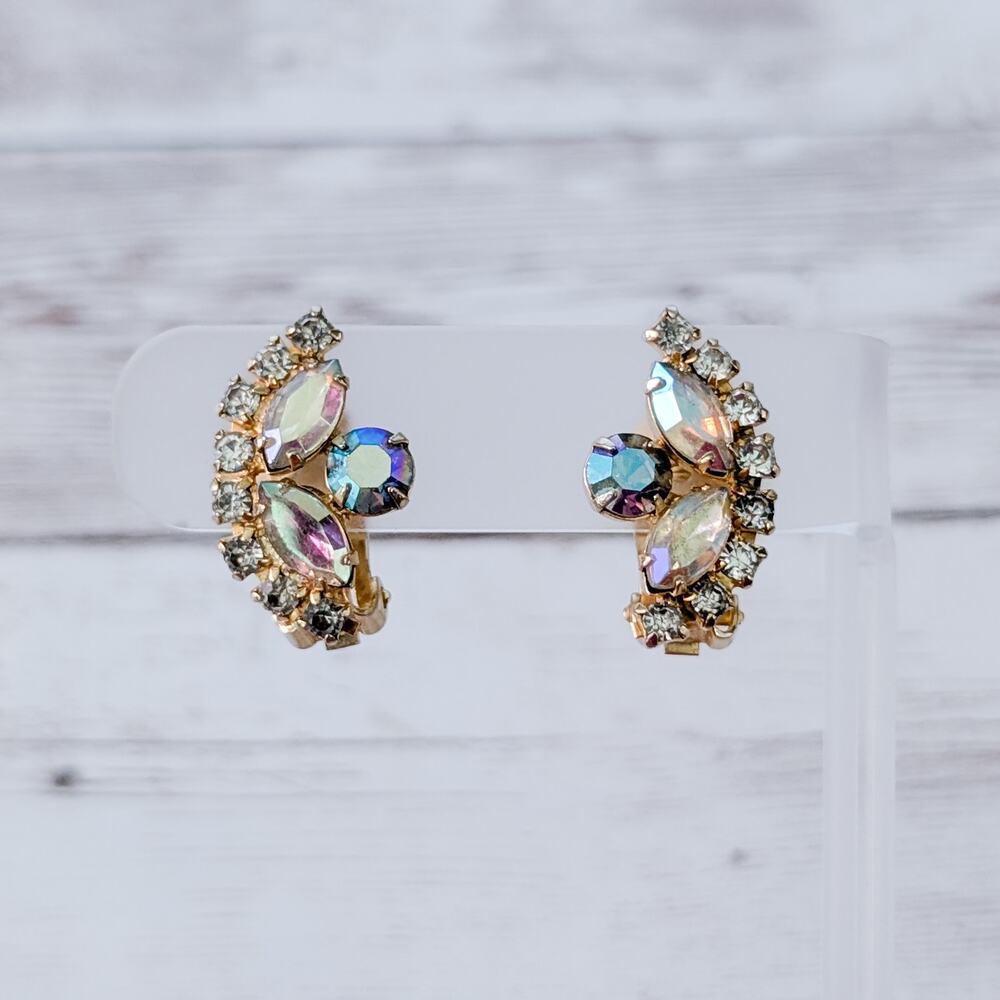 Vintage Clip On Earrings Multi Colored Gems 1" Statement